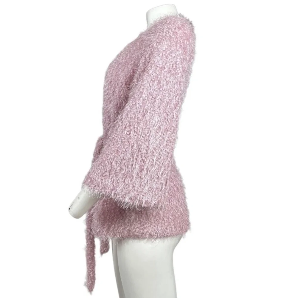 Pink Luxe Fuzzy Belted Sweater Shaggy Cardigan NWT